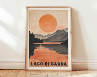 Lago di Garda Art Print, Garda Lake Sunset Poster, Vintage Travel Wall Art, Retro Landscape, Modern Home Art