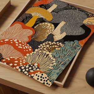Lámina enmarcada de hongos para pared – Póster botánico abstracto inspirado en Yayoi Kusama – Regalo de arte moderno de cocina de estilo japonés imagen 6