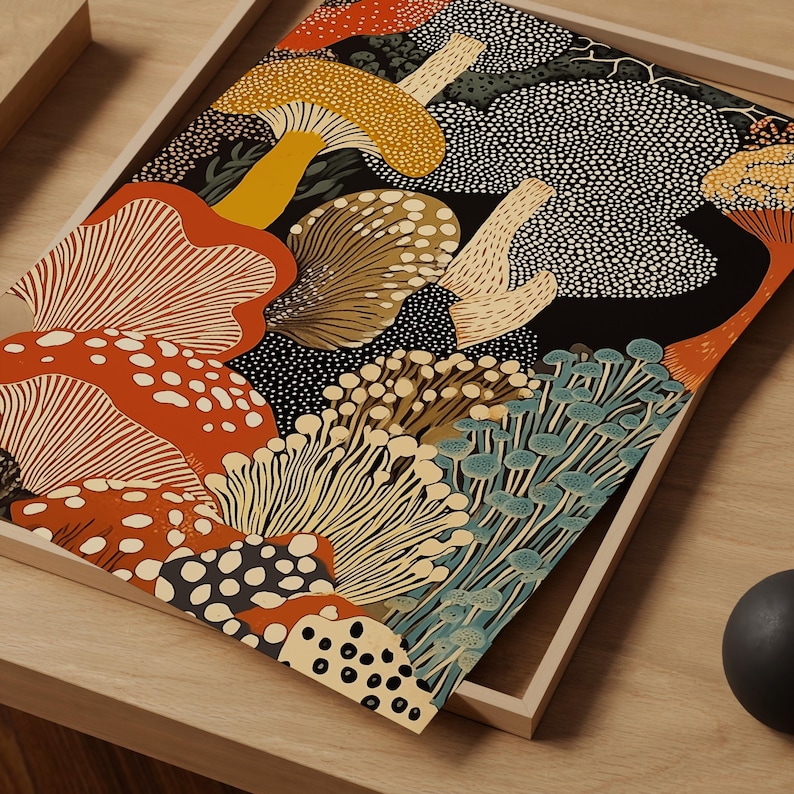 Lámina enmarcada de hongos para pared – Póster botánico abstracto inspirado en Yayoi Kusama – Regalo de arte moderno de cocina de estilo japonés imagen 6