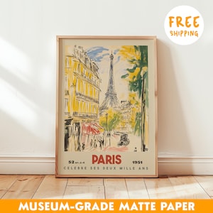 Paris Travel Poster, Vintage Eiffel Tower Art Print, 1950s French Wall Decor, Framed Paris Print, Retro France Travel Artwork