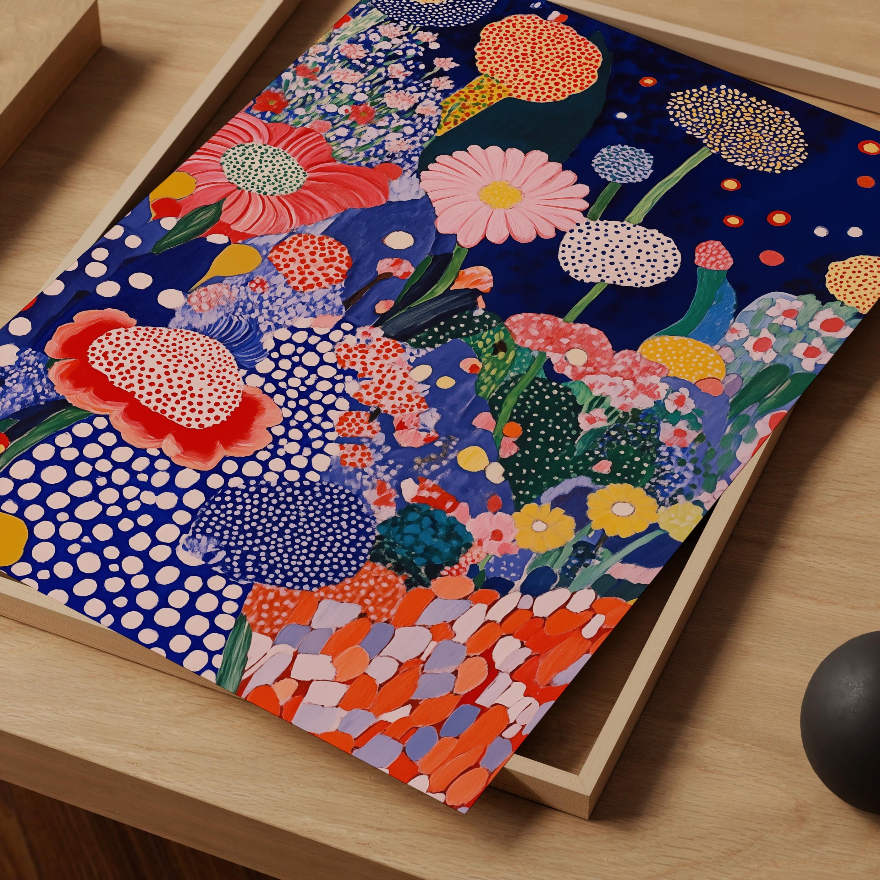 草間彌生にインスパイアされた花柄プリント、抽象的な水玉模様のアート