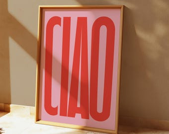 Póster de pared extragrande con tipografía en rojo y rosa de Ciao, decoración de cocina italiana moderna, impresión estética para sala de estar.