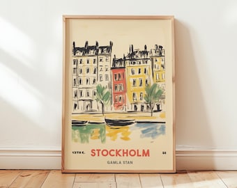 Stockholm Gamla Stan Travel Poster, Vintage Sweden Wall Art, Retro Nordic Cityscape Illustration, Scandinavian Landmark Print
