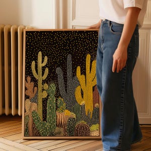 Abstrakter Kaktus gerahmte Leinwanddruck - Yayoi Kusama inspirierte Wüste Gepunktete Wandkunst - Boho Southwestern Decor