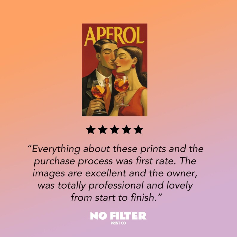 May include: Aperol art print featuring a couple toasting with Aperol spritzes. The artwork has a vintage style with a red and orange color scheme. The print includes the word "APEROL" at the top.