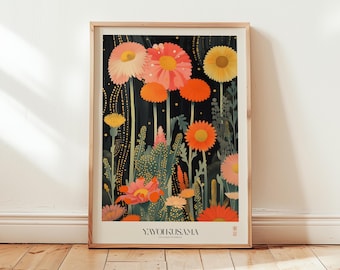 Arte mural floral modernista: Estampado floral colorido inspirado en Kusama