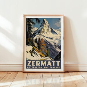 Affiche Zermatt Matterhorn, art mural Alpes suisses vintage, scène de montagne de Zermatt, impression de voyage rétro, affiche Alpes vintage