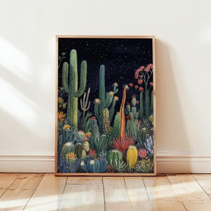Himmlische Kaktus-Garten-Wand-Kunst, sternenklare Wüstennacht Druck, Boho Natur-Plakat, lebhaftes Südwest-Wohndekor, Wildblumen-Illustration