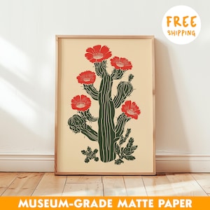 Vintage Kaktus Blume Kunstdruck, Mexiko Wandkunst, südwestlichen Linolschnitt Dekor, Boho Kaktus Wandkunst