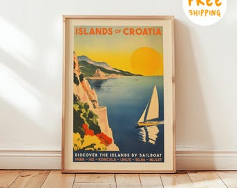 Vintage Croatia Travel Poster: Adriatic Sailboat Art