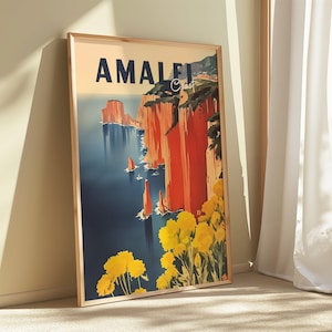 Vintage Amalfi Coast Travel Poster - Italian Seaside Wall Art - Retro Mediterranean Print - Framed Positano Decor - Coastal Landscape Art