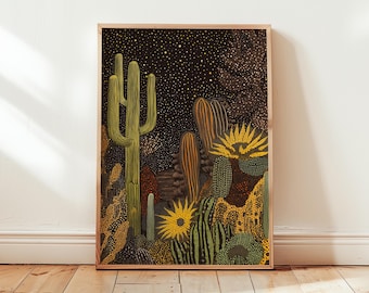 Saguaro Cactus Night Print - Celestial Desert Art - Boho Western Wall Decor - Starry Sky Landscape Poster - Rustic Nature Home Art