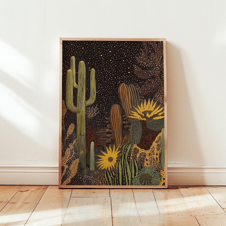 Saguaro Cactus Night Print - Celestial Desert Art - Boho Western Wall ...