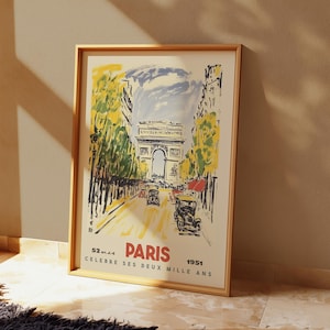Póster de viaje del Arco del Triunfo de París, arte mural vintage de Francia, ilustración retro del paisaje urbano de París, impresión de monumento francés, decoración europea