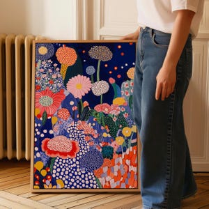 Framed Canvas Floral Print: Yayoi Kusama Inspired Wall Art, Abstract Botanical Poster & Modern Polka Dot Decor for Japandi Living Room
