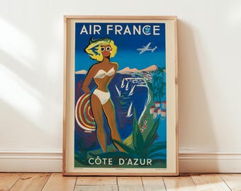 Air France French Riviera Poster: Vintage Airline Travel Print for Retro Home, Cafe, Office or Bar Wall Decor