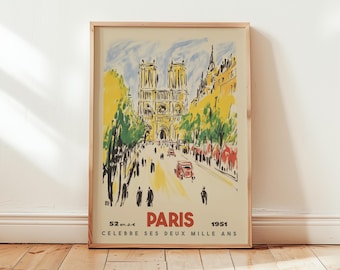 Paris Notre-Dame Travel Poster, Vintage France Wall Art, Retro French Cathedral Illustration