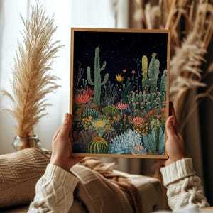 Boho Wüstennacht Druck, Kaktus Garten Kunst, Mondschein botanisches Poster, erdige Boho-Wanddekoration, einzigartiges Geschenk für Boho-Liebhaber