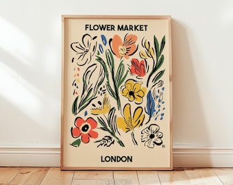 London Flower Market Poster, Vintage Floral Wall Art, Retro Botanical Illustration, English Garden Print, British Decor