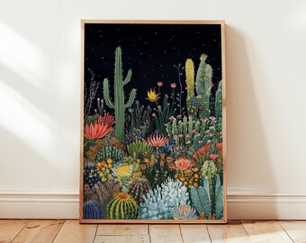 Boho Desert Night Print, Cactus Garden Art, Moonlit Botanical Poster