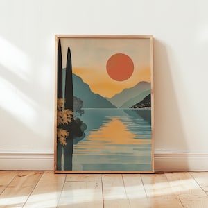 Stampa artistica da parete con cornice del Lago di Como, tramonto sull'Italia, decorazione moderna con paesaggio, illustrazione di viaggio minimalista, arte costiera europea per il soggiorno