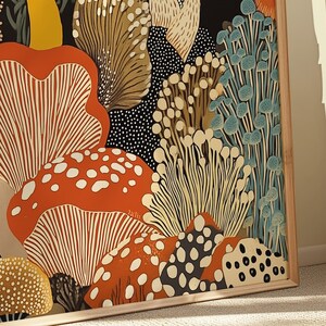 Lámina enmarcada de hongos para pared – Póster botánico abstracto inspirado en Yayoi Kusama – Regalo de arte moderno de cocina de estilo japonés imagen 5