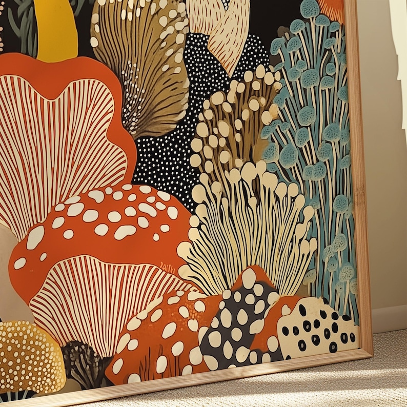 Lámina enmarcada de hongos para pared – Póster botánico abstracto inspirado en Yayoi Kusama – Regalo de arte moderno de cocina de estilo japonés imagen 5
