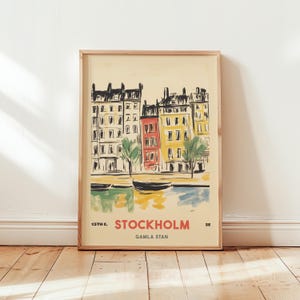 Affiche de voyage Stockholm Gamla Stan, art mural Suède vintage, illustration de paysage urbain nordique rétro, impression de monument scandinave