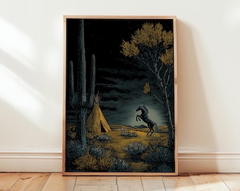 Wild Desert Horse Print - Western Night Scene Wall Art in Linocut Style