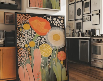 Arte de pared floral inspirado en Yayoi Kusama, impresión abstracta botánica punteada en lienzo, colorida y moderna obra de arte floral japonesa para la decoración de la sala de estar.