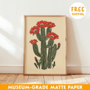 Wüsten-Kaktus-Druck, südwestliche Wandkunst, rote Blüten-Sukkulenten-Plakat, boho-botanische Illustration, Saguaro-Blumen-Wohnkultur