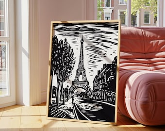 Eiffel Tower Linocut Style Poster – Black and White Paris Print