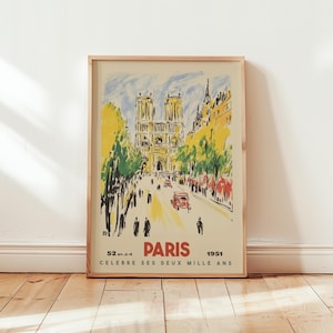 Póster de viaje de París Notre-Dame, arte mural vintage de Francia, ilustración retro de la catedral francesa, impresión de un monumento icónico de París, decoración europea
