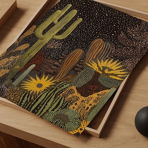 Impresión nocturna de cactus saguaro - Arte celestial del desierto - Decoración de pared bohemia occidental - Póster de paisaje de cielo estrellado - Arte rústico natural para el hogar