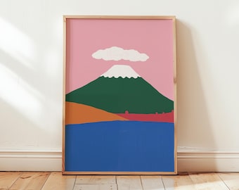 Mount Fuji Minimalist Art Print, Kawai Japanese Painting, Zen-Inspired Wall Art, Nursery Decor