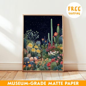 Levendige cactustuin Art Print, sterrennacht woestijn poster, boho botanische kunst aan de muur, kleurrijk, op de natuur geïnspireerd interieur