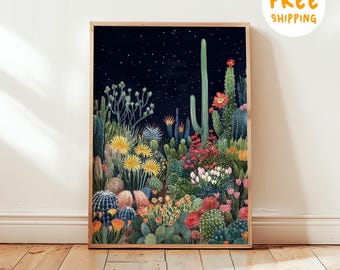Vibrant Cactus Garden Art Print, Starry Night Desert Poster, Boho Botanical Wall Art, Colorful Nature-Inspired Home Decor