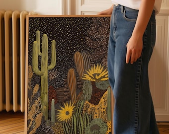 Cactus Desert Wall Art - Dotted Botanical Print - Yayoi Kusama Inspired Cactus Artwork - Modern Framed Canvas - Southwestern Home Decor
