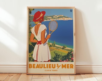 Vintage Tennis Poster: Beaulieu-sur-Mer Coastal Scene (Matte Paper)