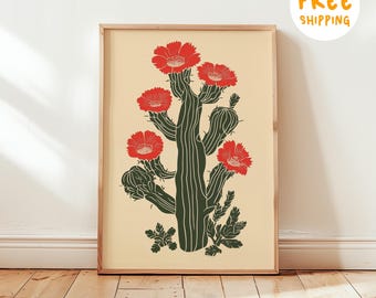 Vintage Cactus Flower Art Print, Mexico Wall Art, Southwestern Linocut Decor, Boho Cactus Wall Art