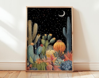 Moonlit Desert Cactus Art Print: Mexican Night Sky Poster