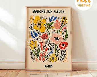 Paris Marché aux Fleurs Poster, Vintage Floral Wall Art, Retro Botanical Illustration Print, French Flower Market Decor