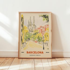 Barcelona Vintage Travel Poster, Sagrada Familia Wall Art, Retro Spain Architecture Print, Scenic City Illustration, Spanish Decor