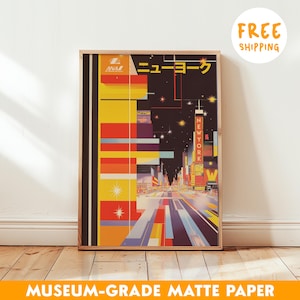 Poster di viaggio retrò di New York, stampa di una compagnia aerea giapponese d'epoca, arte murale di Times Square, decorazioni di paesaggi urbani colorati, opera d'arte moderna di metà secolo
