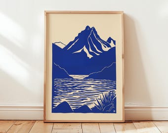 Moraine Lake Art Print in Cobalt Blue, Matisse-Inspired Minimalist Mountain Landscape, Bold Nature Wall Decor