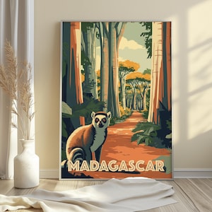 Vintage Madagascar Wildlife Poster, Lemur, Baobab Alley