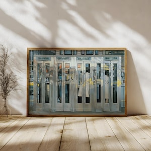 Retro Telephone Booths Artwork, riproduzione di un dipinto realista di Richard Estes, arte murale di scena urbana moderna di metà secolo