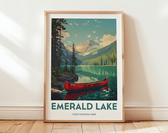 Emerald Lake Poster – Yoho National Park Wall Art, Scenic Mountain Landscape, Red Canoe Lake View, Vintage National Park Print, Canada