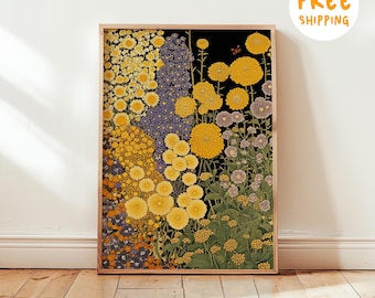 Vintage Wildflower Botanical Framed Print Japandi Style Wall Art Yellow Floral Artwork Cottagecore Garden Poster Living Room Decor