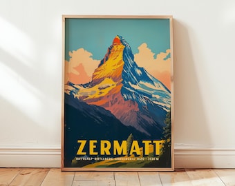Póster del Matterhorn de Zermatt: arte mural vintage de los Alpes suizos, impresión retro de paisaje montañoso, decoración atrevida para aventuras alpinas, idea de regalo de viaje